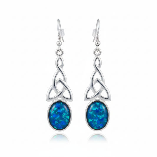Silver 925 Celtic triquetra drop earrings - blue teal opal resin