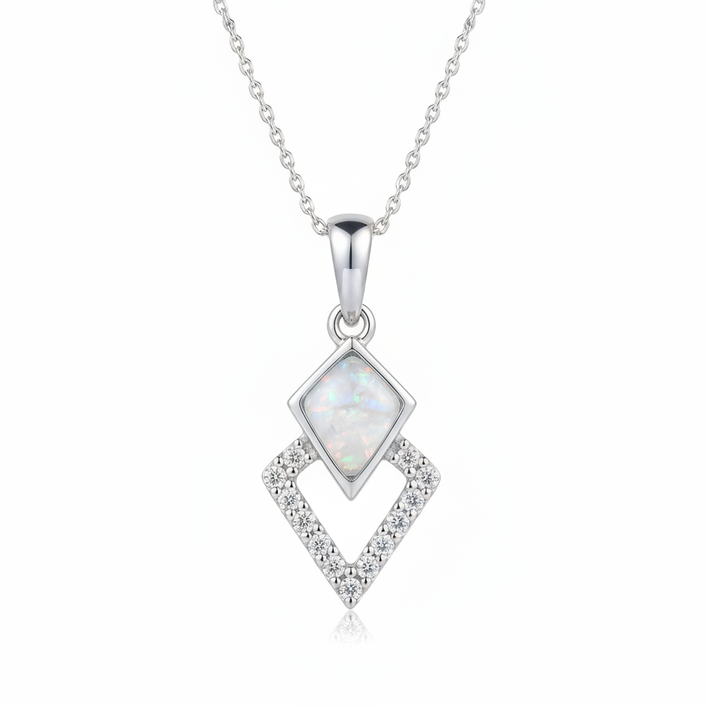 Silver 925 kite diamond CZ memorial pendant with white opal and mica resin on chain, white background