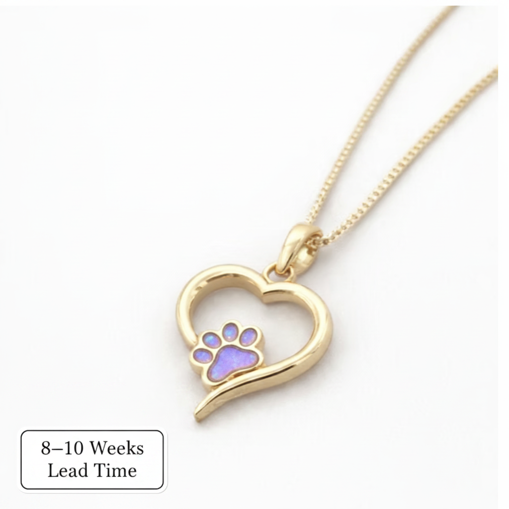 9ct Gold Hollow Heart Paw Pendant — lavender opal resin, white background