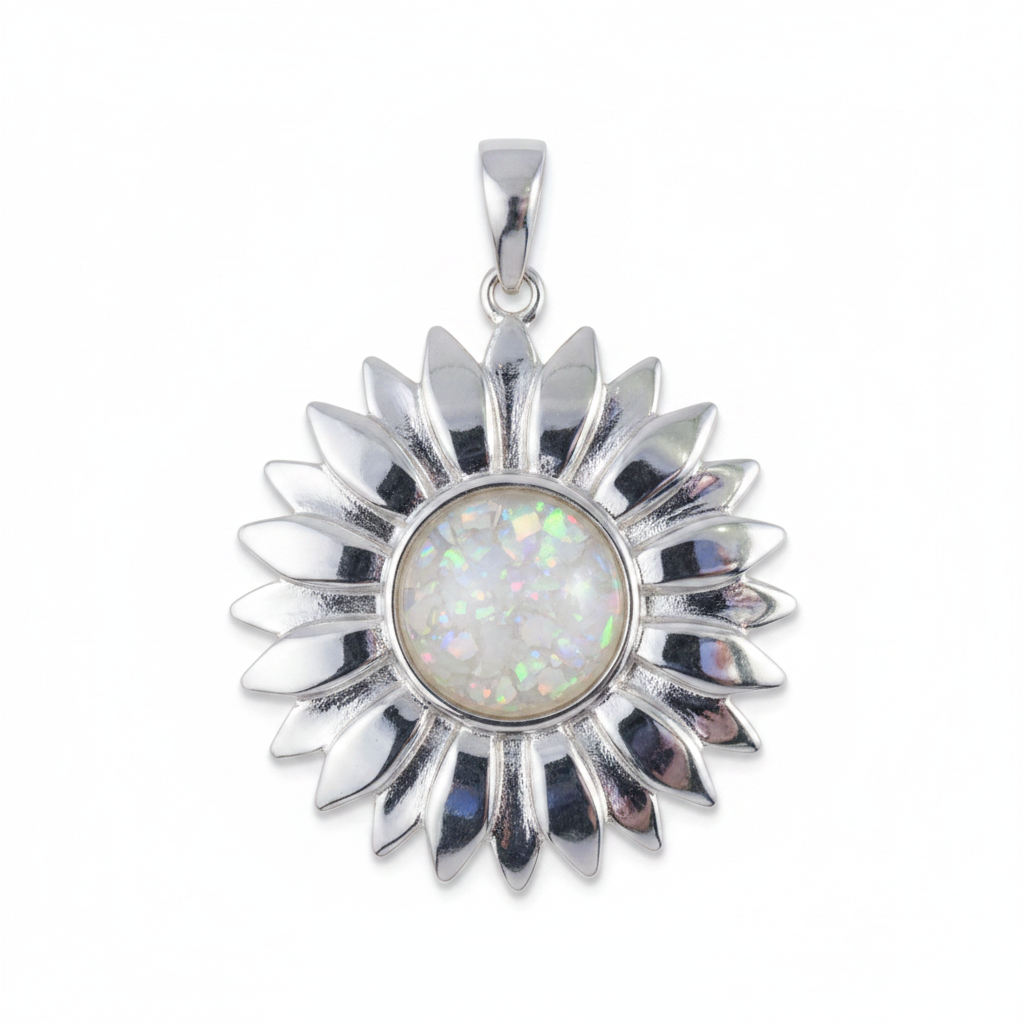 Silver 925 sunflower memorial pendant with white opal and mica, white background