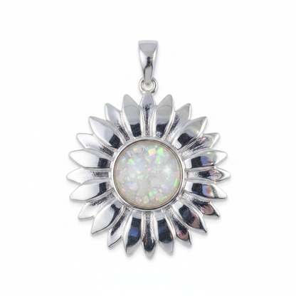 Silver 925 sunflower memorial pendant with white opal and mica, white background