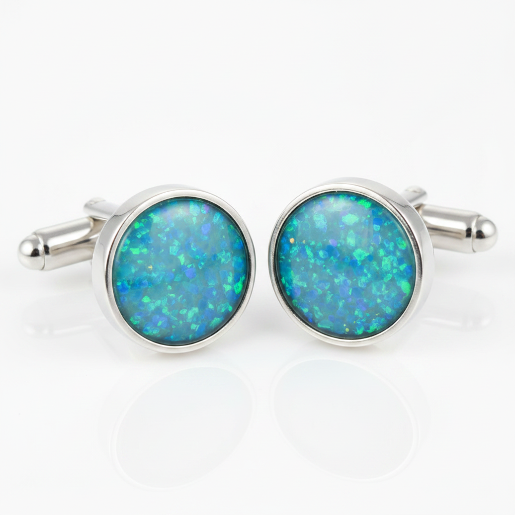 Silver 925 round cufflinks with blue teal opal resin in 13.8mm setting on white background