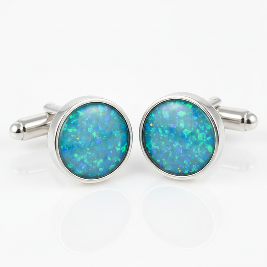 Silver 925 round cufflinks with blue teal opal resin in 13.8mm setting on white background