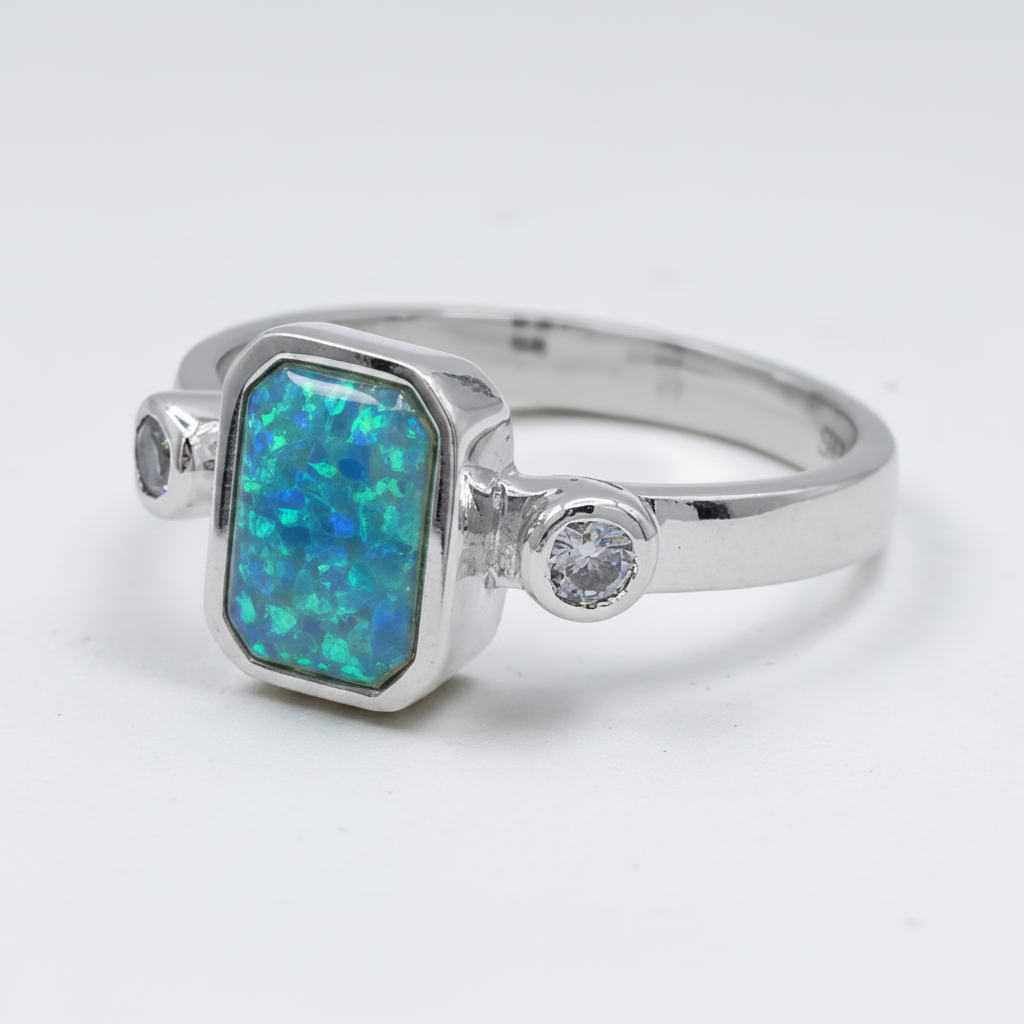 Double gem emerald 925 silver ring with blue teal opal resin in 9x7mm rectangular setting angled view on white background