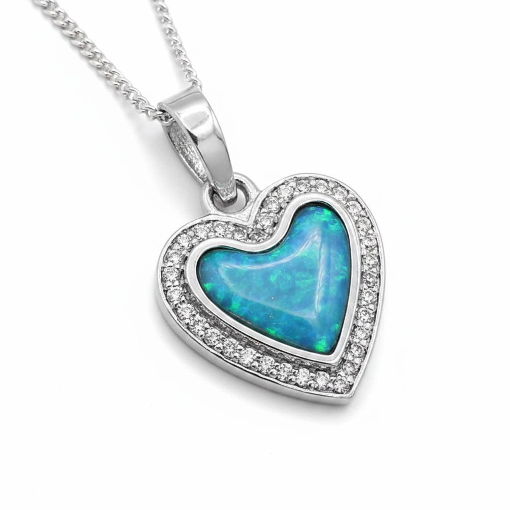 Crystal Heart CZ 925 Silver Memorial Pendant with blue teal opal resin inclusion — white background