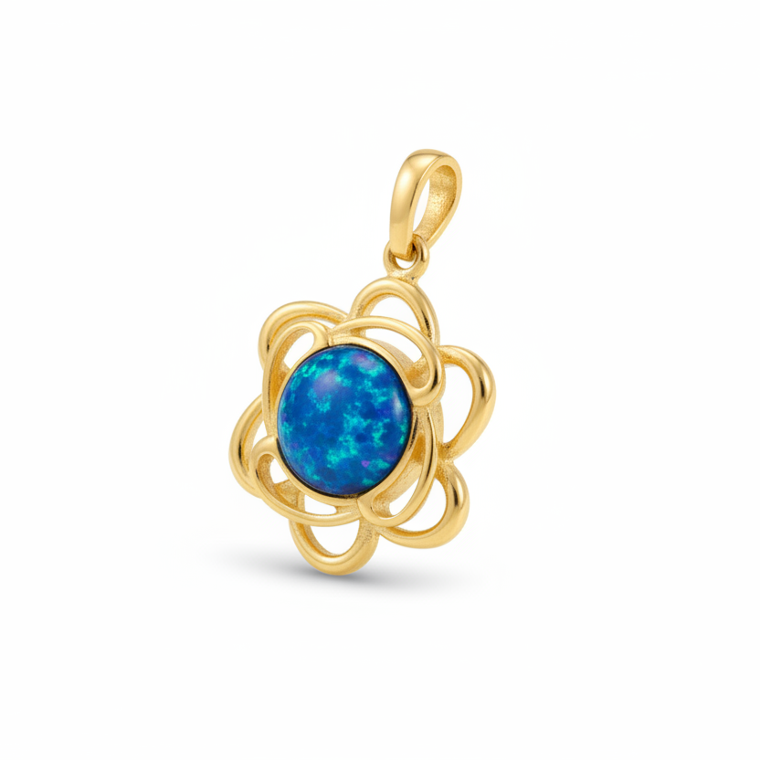 9ct gold open flower memorial pendant with deep blue iridescent opal flakes