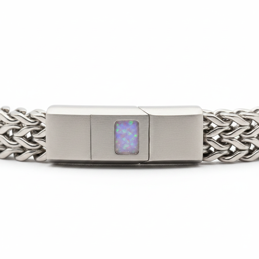 Men's stainless steel chain memorial bracelet with lavender purple opal resin rectangle inlay on white background