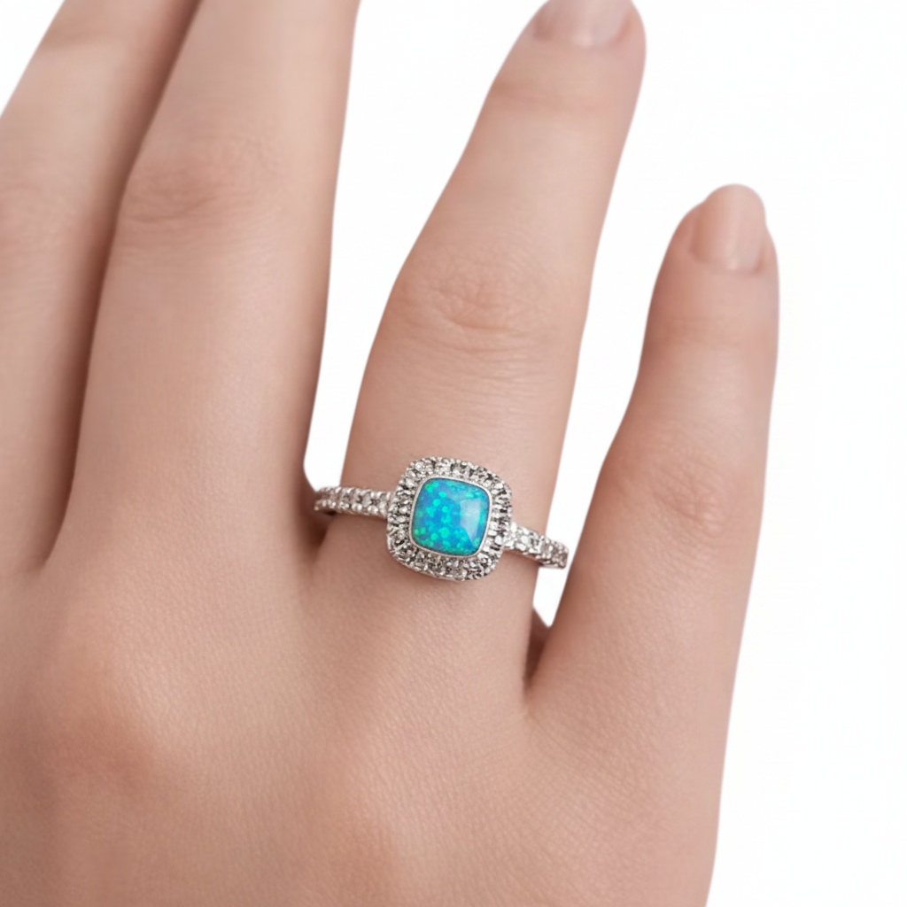 Silver 925 CZ square cushion ring with blue teal opal resin worn on finger white background