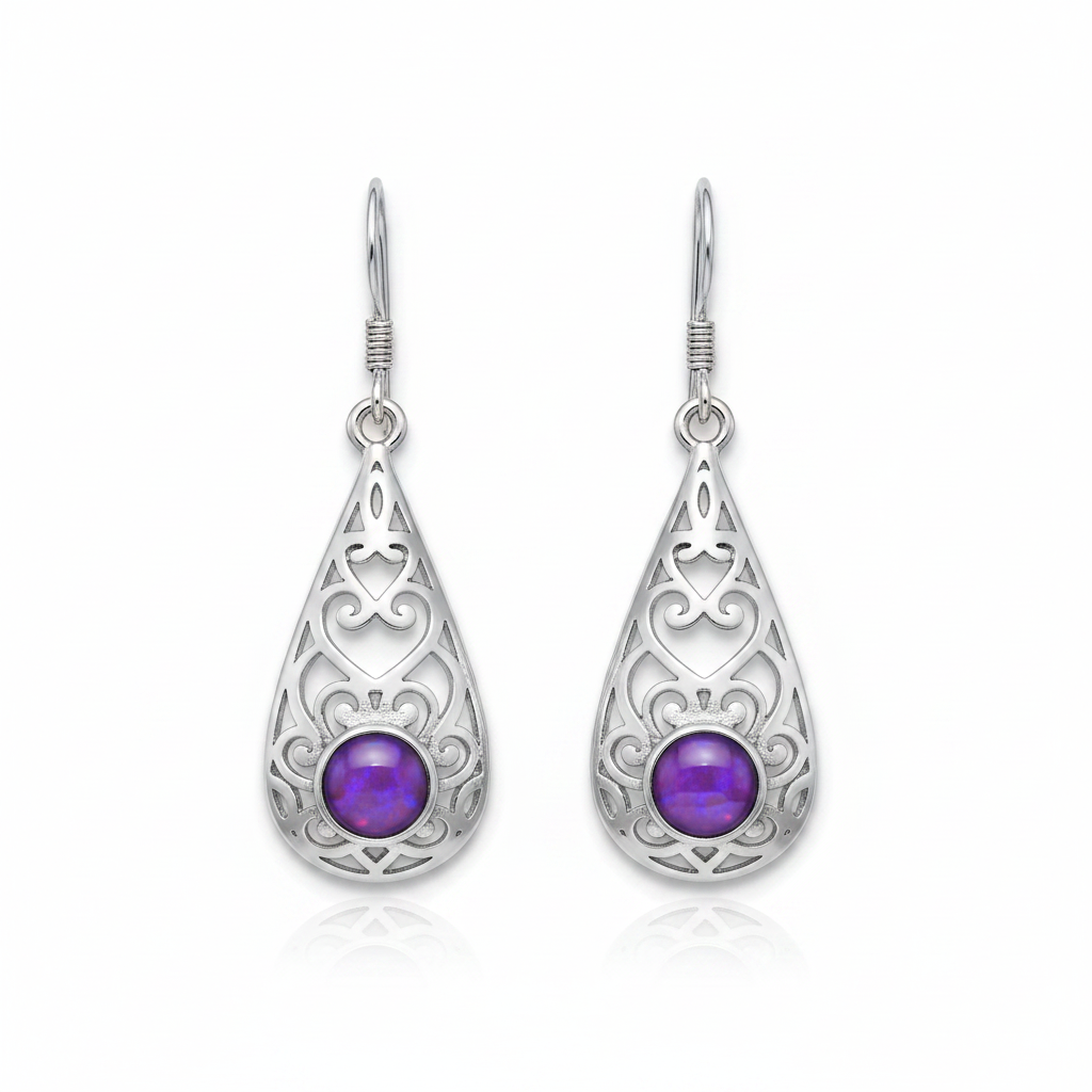 Silver 925 filigree teardrop drop earrings - lavender purple opal resin filled