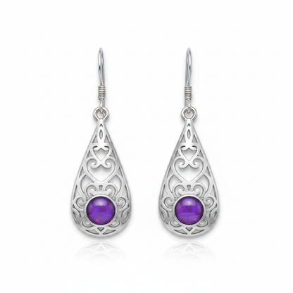 Silver 925 filigree teardrop drop earrings - lavender purple opal resin filled