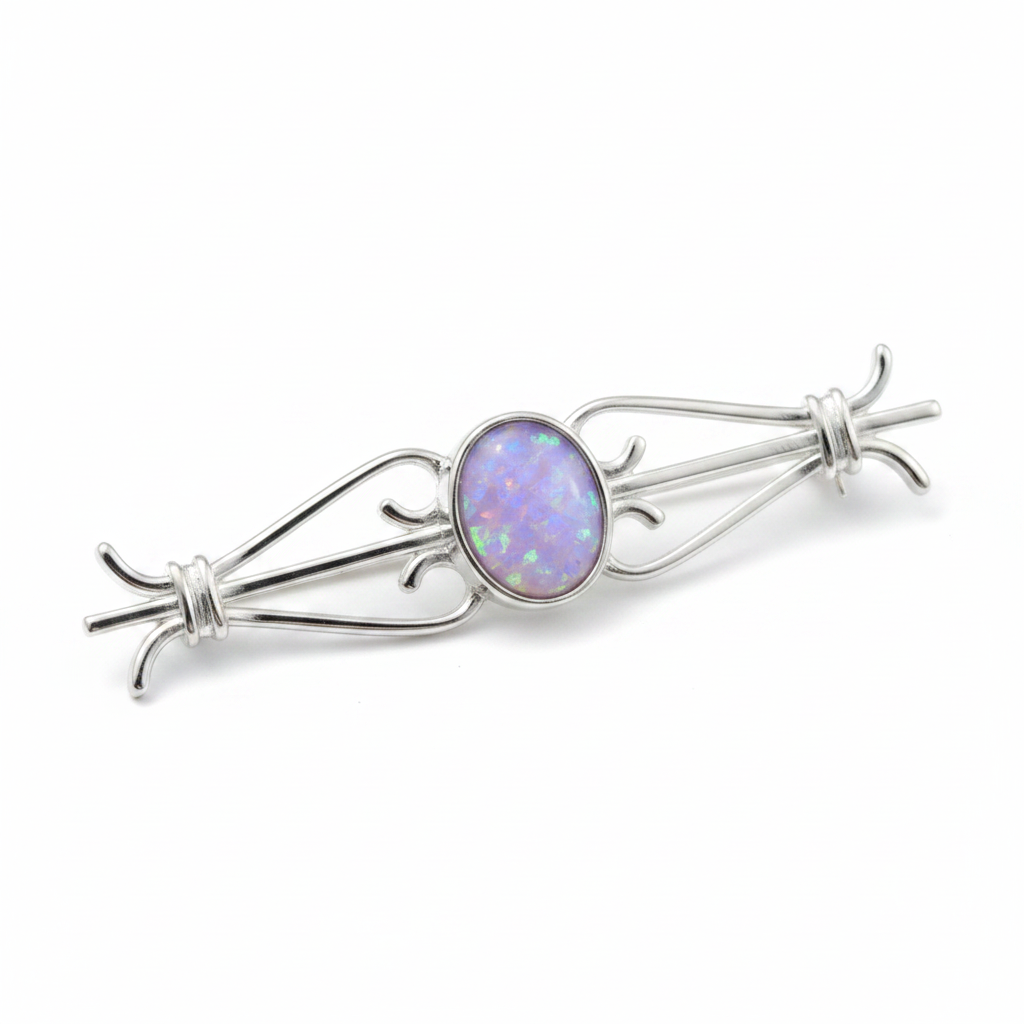 Silver 925 classic bar brooch with lavender purple opal resin in 8x6mm central setting on white background