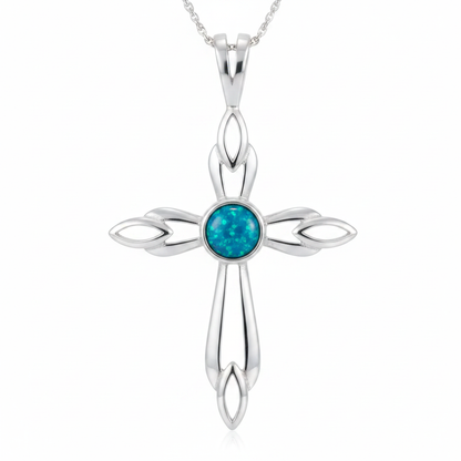 Silver 925 ornate flame cross memorial pendant — blue teal opal flakes resin in 6mm round centre setting