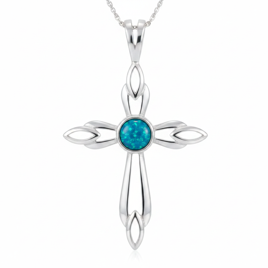 Silver 925 ornate flame cross memorial pendant — blue teal opal flakes resin in 6mm round centre setting