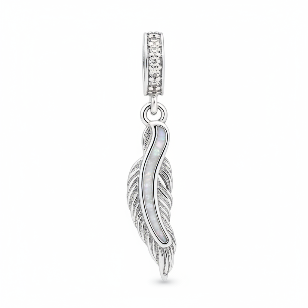 925 Silver CZ Feather Dangle Memorial Charm – white mica pearl inclusion