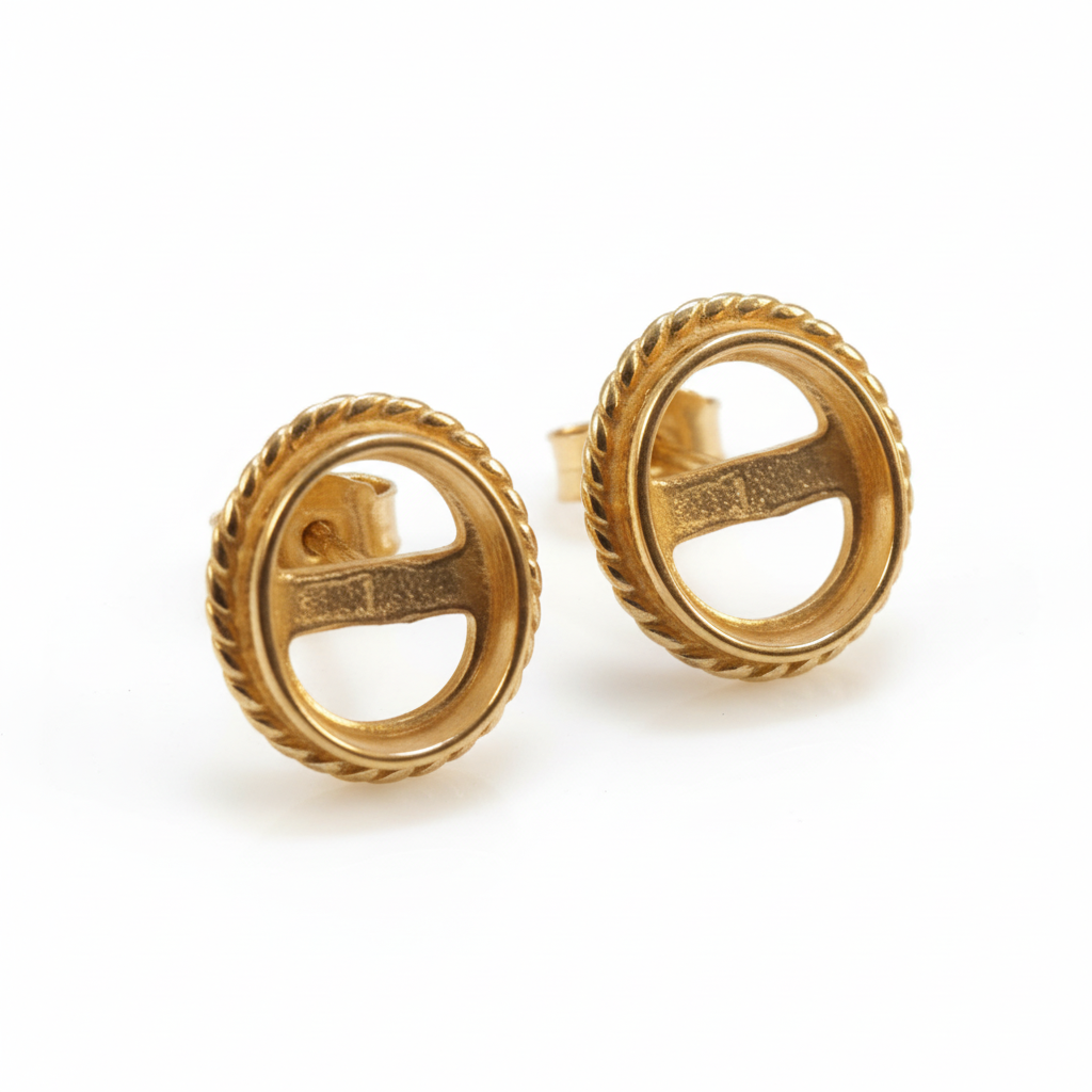 Pair of gold earrings with a logo on a beige fabric background