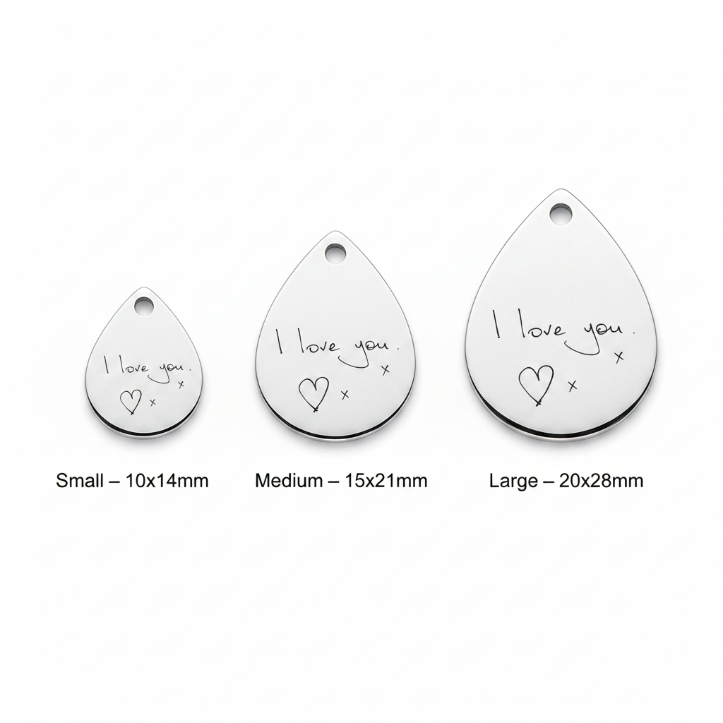 925 sterling silver teardrop pendant size comparison small 10x14mm medium 15x21mm large 20x28mm — Lovely Oxford