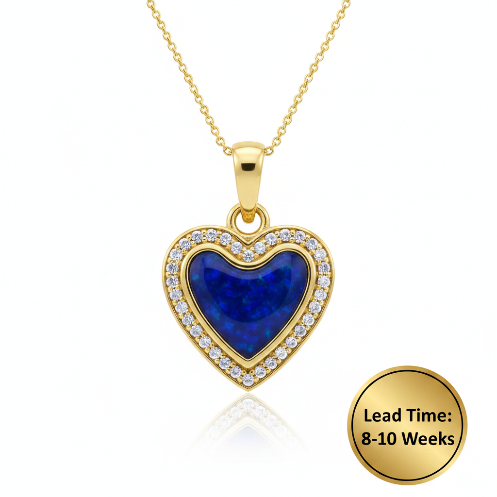 9ct yellow gold CZ crystal heart memorial pendant with deep blue sapphire opal resin in heart centre, white background, lead time 8-10 weeks