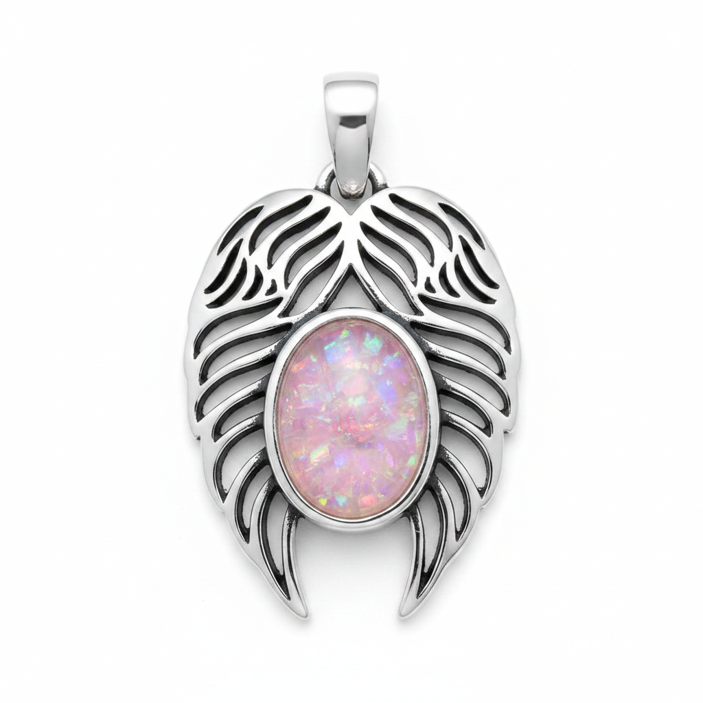Silver 925 angel wings memorial pendant with pink opal flakes, white background