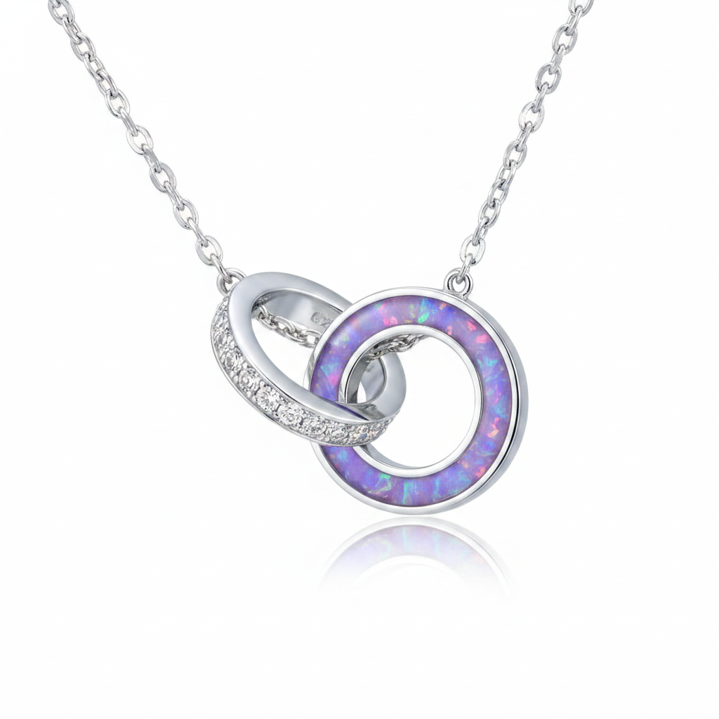 Silver 925 interlocking ring memorial pendant — lavender purple opal flakes in resin channel ring