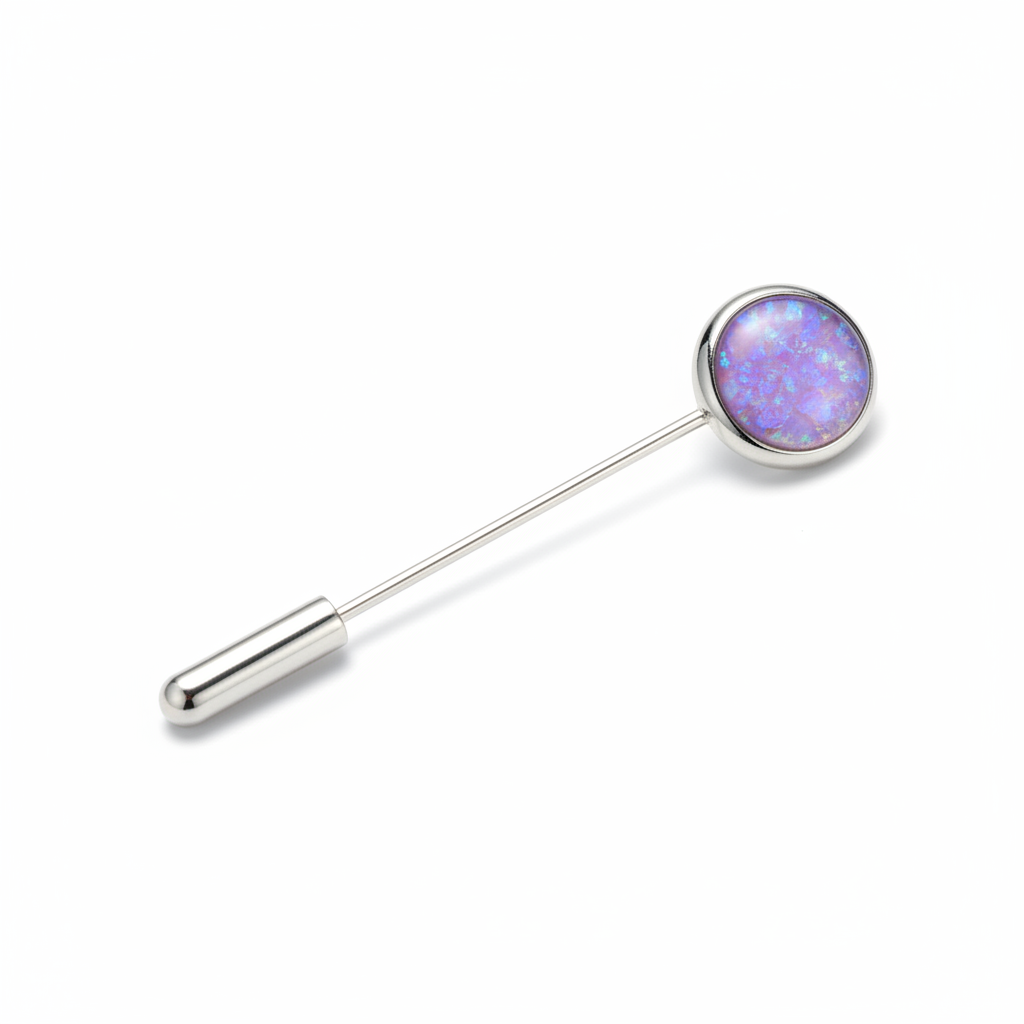 Silver 925 stick pin with lavender purple opal resin in 10x8mm oval bezel cup head on white background