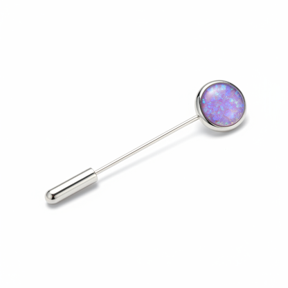 Silver 925 stick pin with lavender purple opal resin in 10x8mm oval bezel cup head on white background