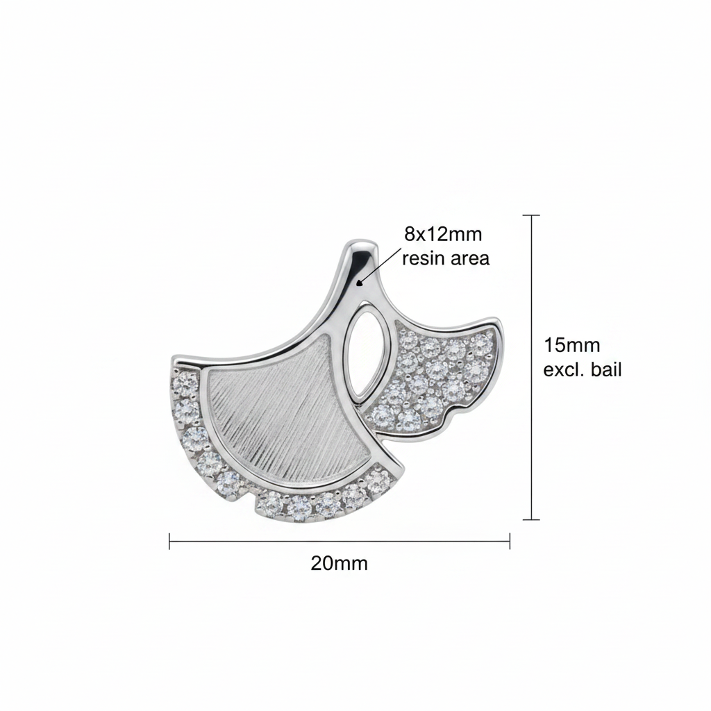 Silver 925 CZ fan memorial pendant dimensions — 20x15mm excl. bail, 8x12mm resin area