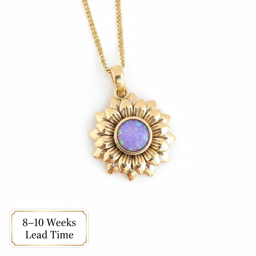 9ct Gold Realistic Sunflower Pendant — lavender opal resin in centre bezel, white background