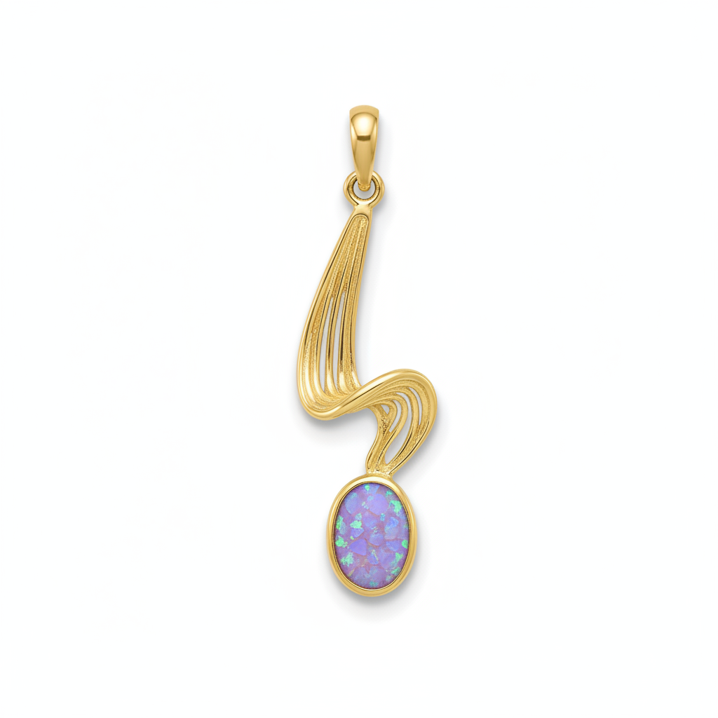 9ct gold wave memorial pendant with lavender iridescent opal flakes – white background