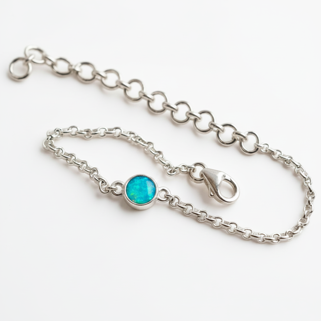 Mini round charm silver bracelet with blue teal opal resin in round bezel, white background