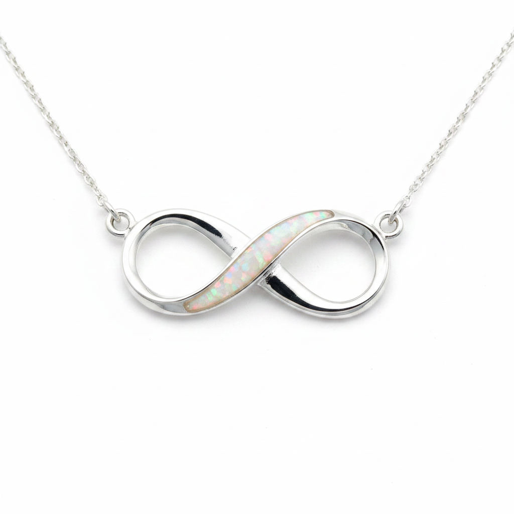 Silver 925 infinity memorial pendant — white pearl opal flakes domed resin in central setting