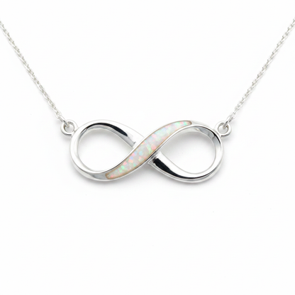 Silver 925 infinity memorial pendant — white pearl opal flakes domed resin in central setting