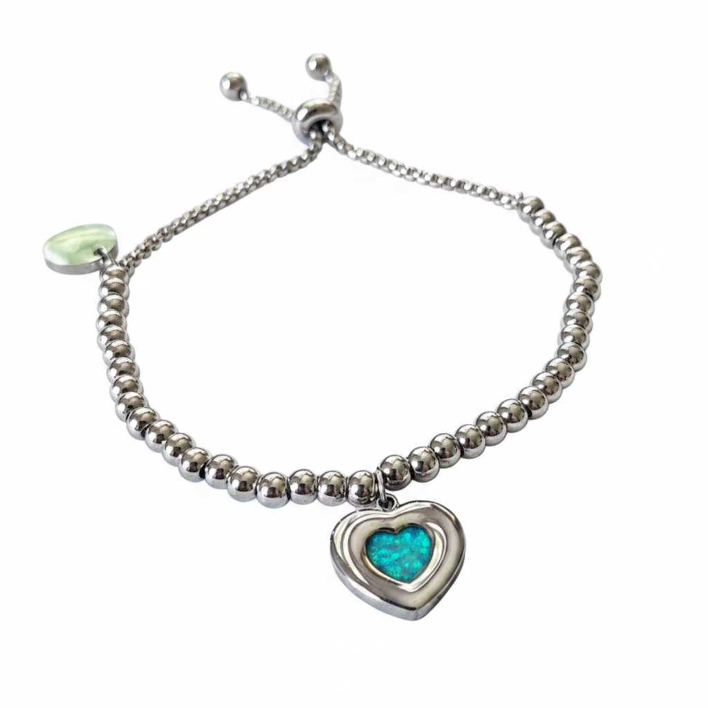Beaded bubble heart adjustable memorial bracelet with blue teal opal resin inclusion - stainless steel