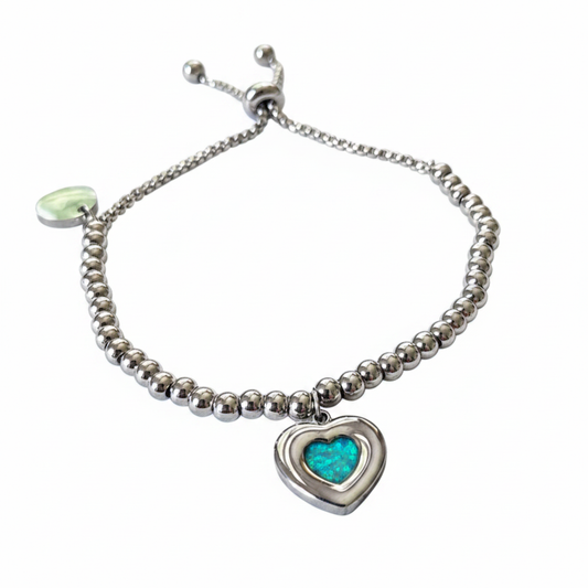 Beaded bubble heart adjustable memorial bracelet with blue teal opal resin inclusion - stainless steel