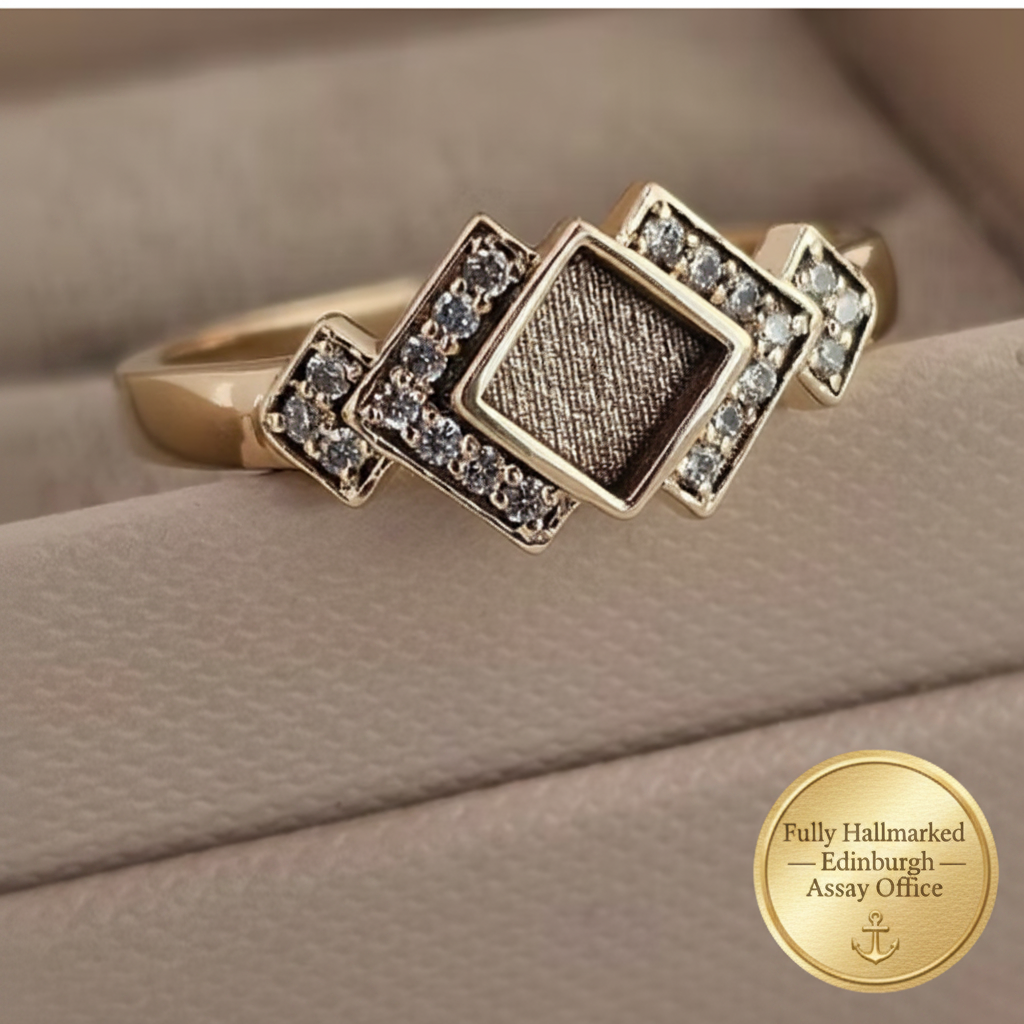 9K gold Art Deco CZ ring in jewellery box with Edinburgh Assay Office hallmark sticker