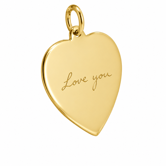 Illustration of plain 9ct yellow gold heart pendant with example handwritten engraving, adapted from silver heart reference; pendant only