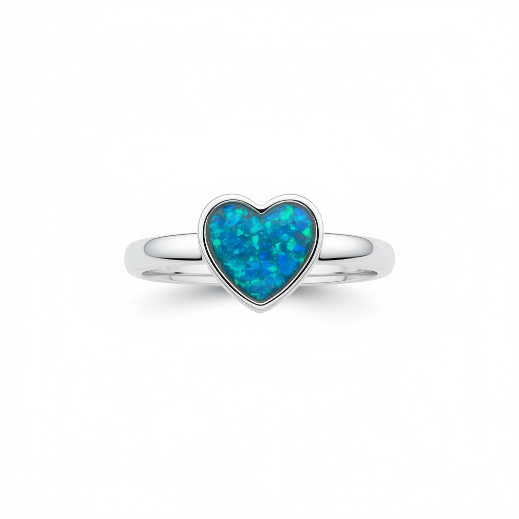 925 sterling silver plain heart memorial ring with blue teal opal resin filling heart bezel on white background