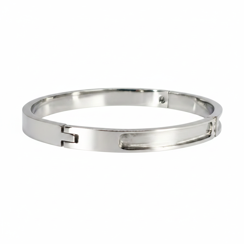 Zircon part channel high polished silver stainless steel memorial bangle with white pearl opal resin inclusion