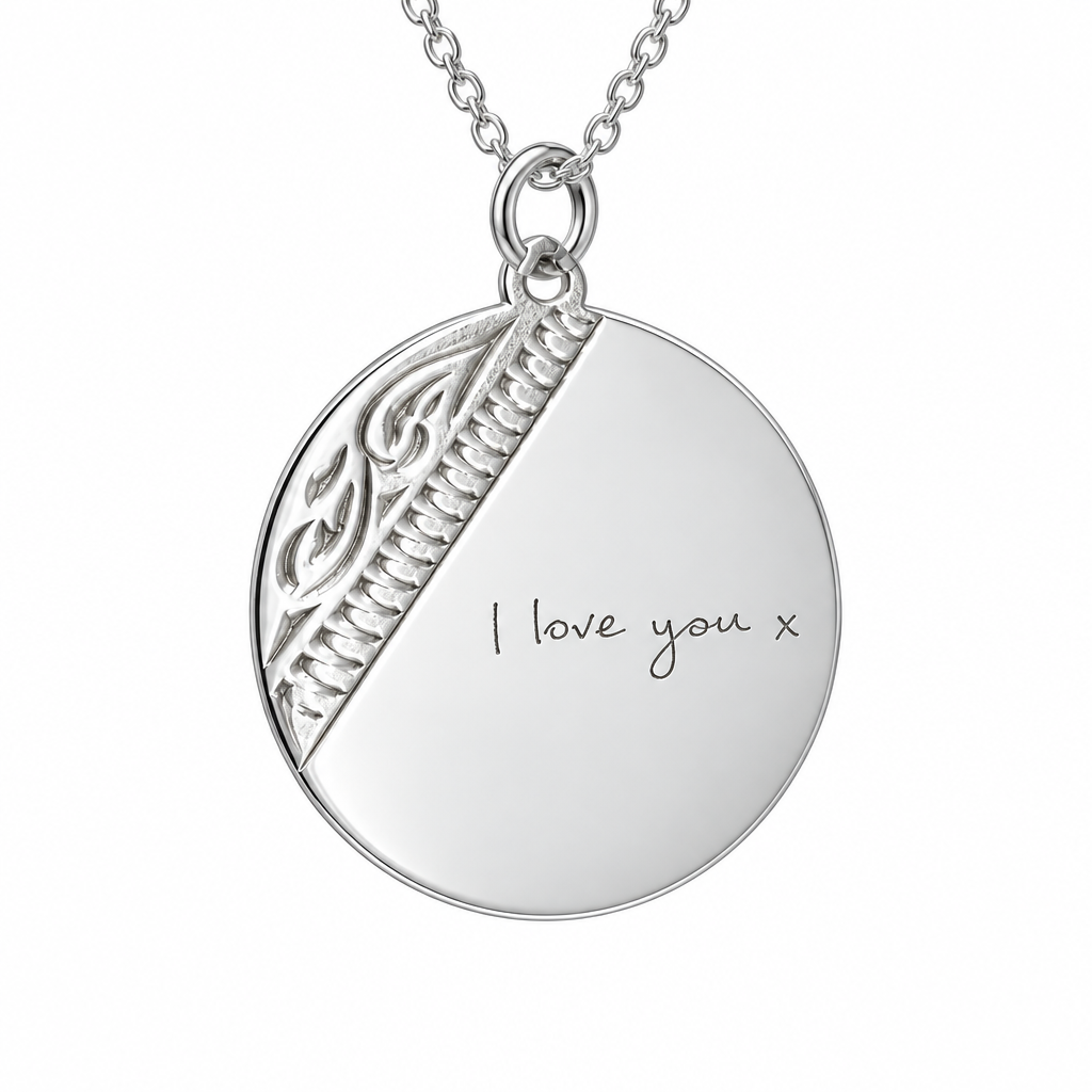 Illustrative round sterling silver disc pendant with raised diagonal decoration, handwritten engraving and sterling silver chain