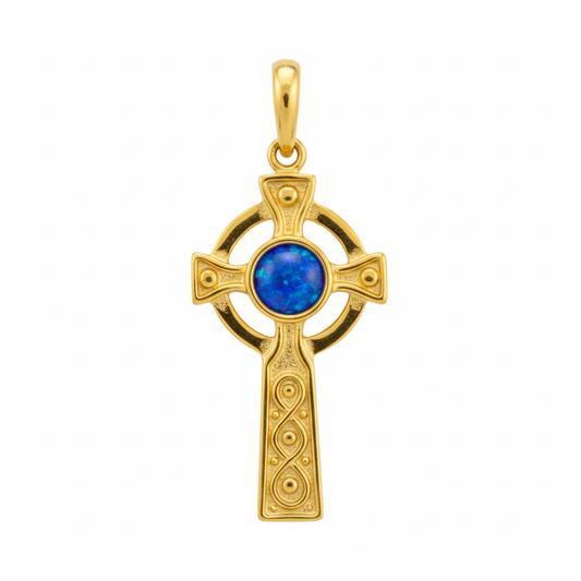 9ct gold Celtic cross memorial pendant with deep blue iridescent opal flakes – white background