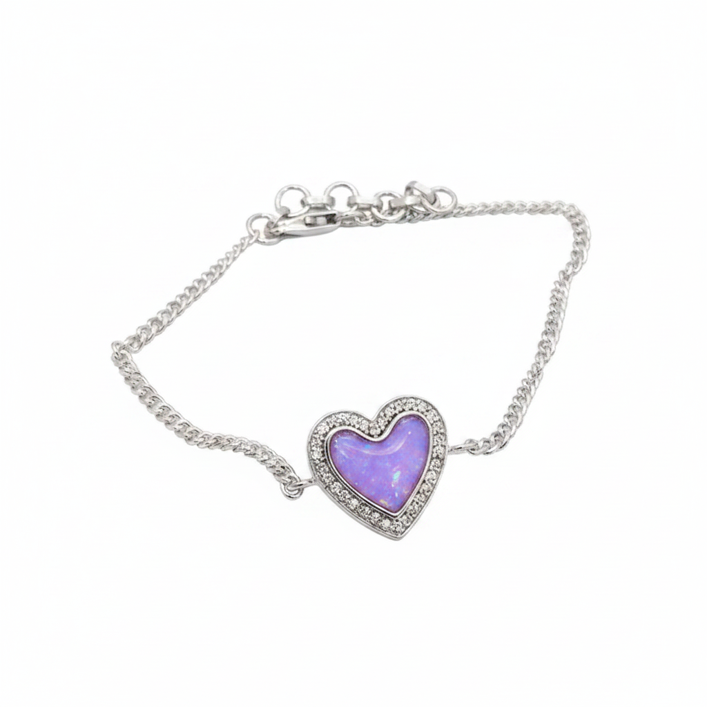 Heart CZ silver curb chain bracelet with lavender purple opal resin in CZ halo heart bezel, white background