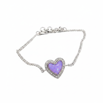 Heart CZ silver curb chain bracelet with lavender purple opal resin in CZ halo heart bezel, white background