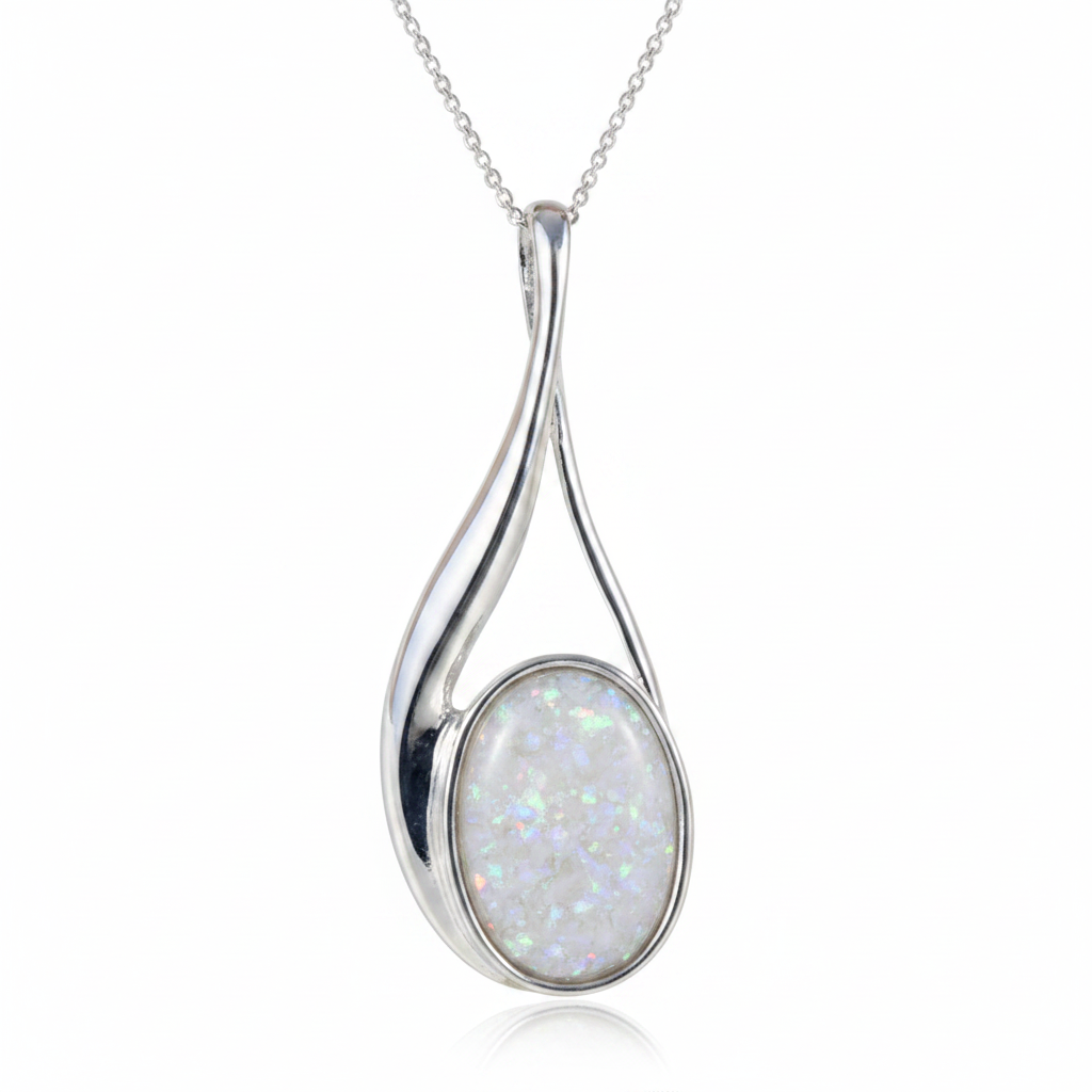 Elegant silver 925 teardrop twist memorial pendant with white opal and mica, white background