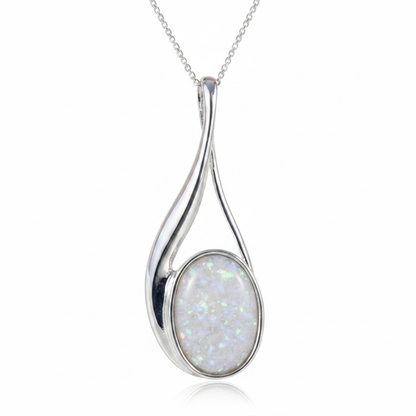 Elegant silver 925 teardrop twist memorial pendant with white opal and mica, white background