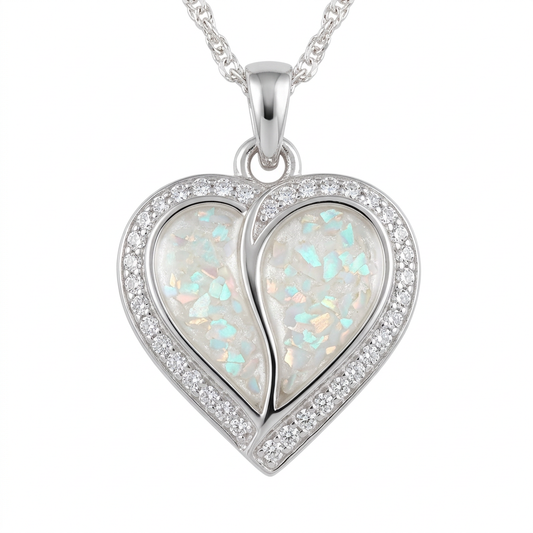 Latest illustrative split heart silver CZ memorial pendant with fine pearl white opal flakes in both compartments