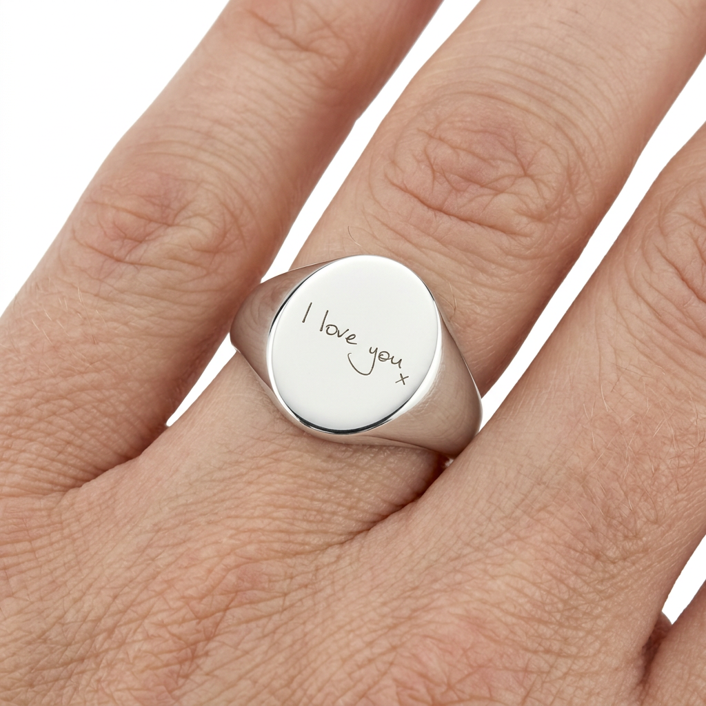 Illustrative hand wearing an engraved oval silver signet ring