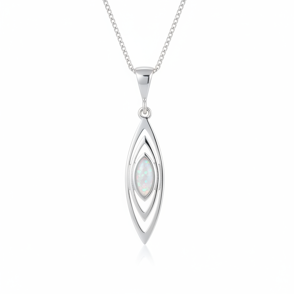 Silver 925 triple marquise memorial pendant with white opal and mica resin on chain, white background