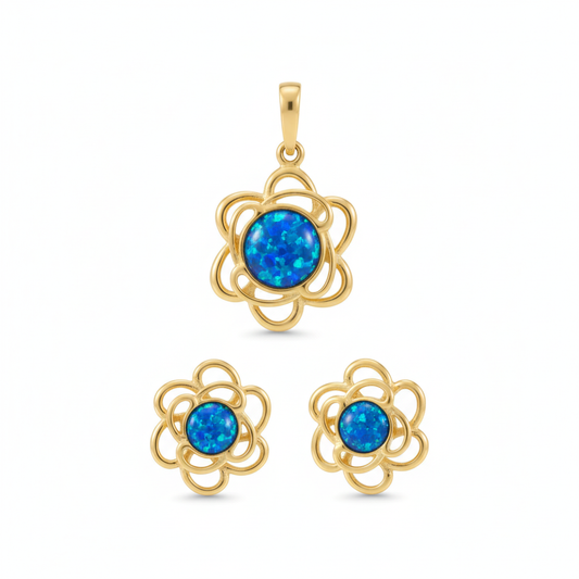 9ct gold open rose flower memorial set — blue opal pendant and earrings together