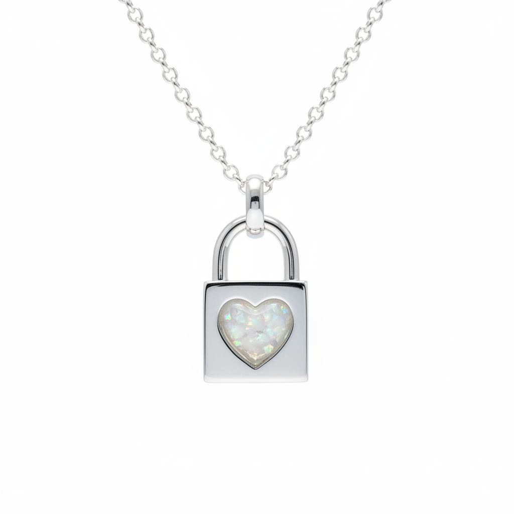 Heart Padlock Pendant Necklace 925 Sterling Silver with white pearl opal flake inclusion