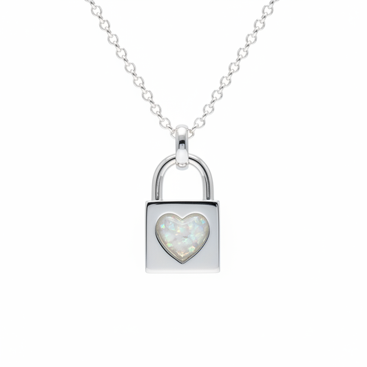 Heart Padlock Pendant Necklace 925 Sterling Silver with white pearl opal flake inclusion