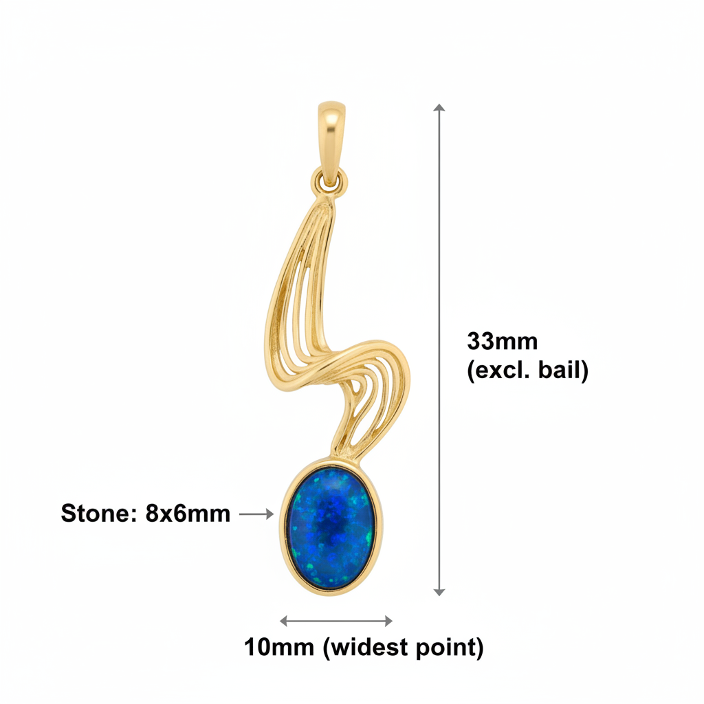 9ct gold wave memorial pendant size guide – 33x10mm overall, 8x6mm stone, excl. bail